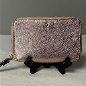 Kate Spade Metallic Rose Gold Saffiano Leather Zip Wallet Wristlet